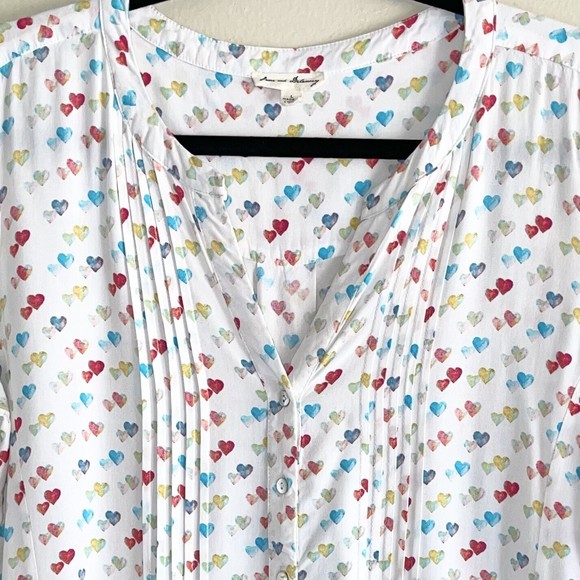 Jane Delancy Shirt Top Size L Hearts Print Long Sleeves Buttoned Comfy Colorful - Picture 6 of 7